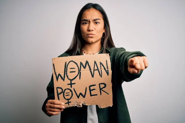 Beautiful Activist Asian Woman Asking Women Rights Holding Banner Power — Stock Photo, Image
