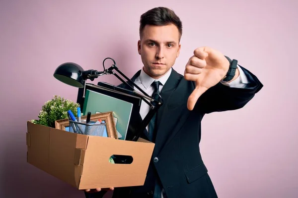 Young Handsome Caucasian Business Man Holding Cardboard Box Unemployment Fired — Stock Photo, Image