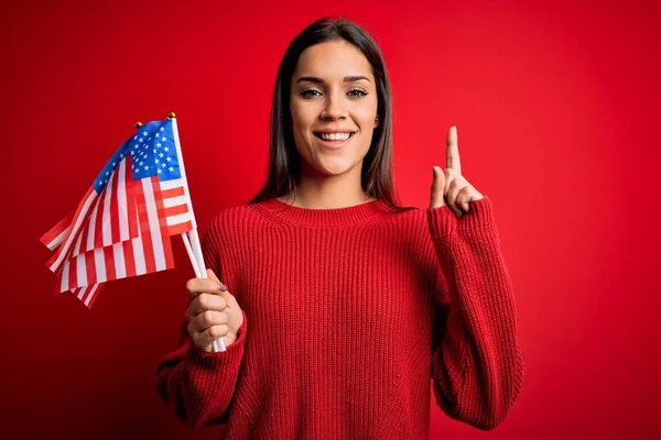 Amerika Birleşik Devletleri bayrağını kırmızı arka planda tutan genç, güzel, vatansever kadın bir fikir ya da soru işareti ile şaşırdı.