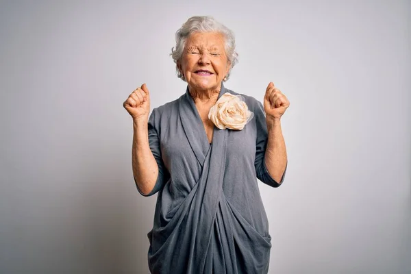 Senior Belle Femme Aux Cheveux Gris Portant Une Robe Décontractée — Photo