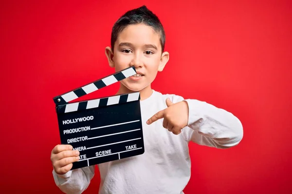 Young Little Boy Kid Filming Video Holding Cinema Director Clapboard — Stock Photo, Image