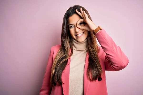 Young Beautiful Businesswoman Wearing Casual Turtleneck Sweater Jacket Doing Gesture — Stock Photo, Image