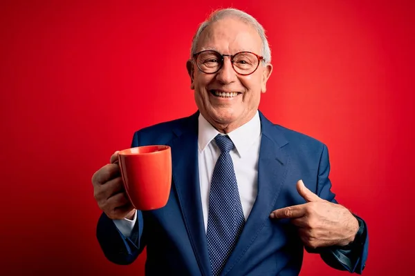 Homem Negócios Cabelos Grisalhos Sênior Bebendo Uma Xícara Quente Café — Fotografia de Stock