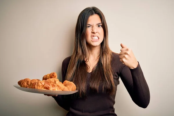 Young Beautiful Girl Holding Plate Sweet Croissants Breakfast White Background — Stock Photo, Image