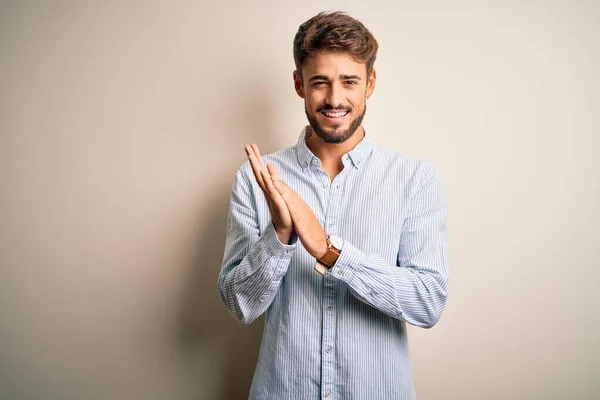 Young Handsome Man Beard Wearing Striped Shirt Standing White Background — Stock Photo, Image