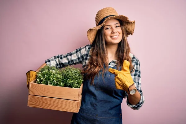 Mladý Krásný Brunetka Farmářka Žena Nosí Zástěru Klobouk Podpírání Box — Stock fotografie