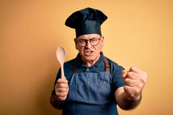 Middle Age Cooker Man Wearing Apron Hat Holding Wooden Spoon — Stock Photo, Image