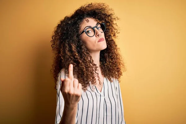 Young Beautiful Woman Curly Hair Piercing Wearing Striped Shirt Glasses — Stockfoto