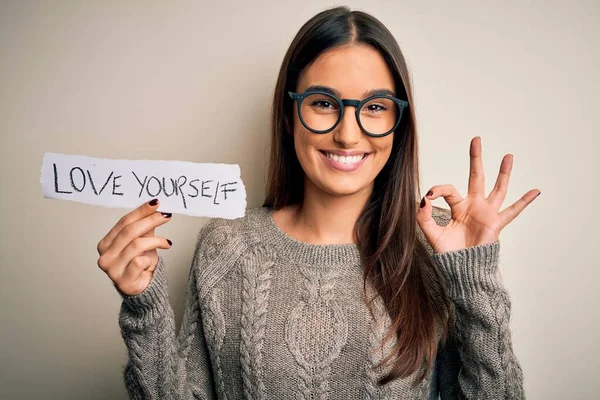 Young Beautiful Brunette Woman Wearing Glasses Holding Paper Love Yourself — Stock Photo, Image