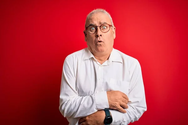 Middle age handsome hoary man wearing casual shirt and glasses over red background shaking and freezing for winter cold with sad and shock expression on face