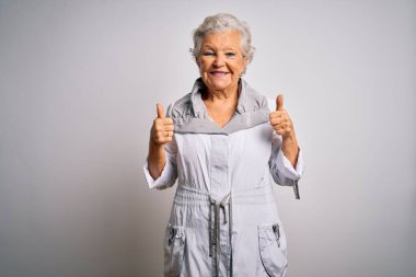 Son sınıf güzeli, gri saçlı, günlük ceket giyen, beyaz arka plan başarı tabelasının üzerinde duran, elle olumlu jest yapan, gülümseyen ve mutlu bir kadın. Neşeli ifade ve kazanan jest.