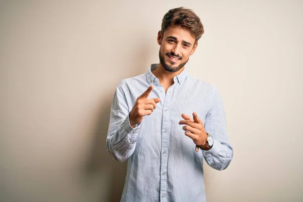 Young Handsome Man Beard Wearing Striped Shirt Standing White Background — Stock Photo, Image