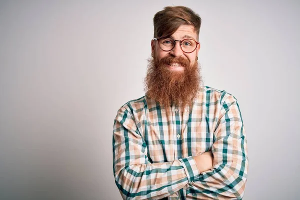 Handsome Irish Redhead Man Beard Wearing Glasses Hipster Shirt Happy — Stock Photo, Image