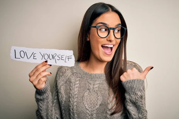 Young Beautiful Brunette Woman Wearing Glasses Holding Paper Love Yourself — Stock Photo, Image