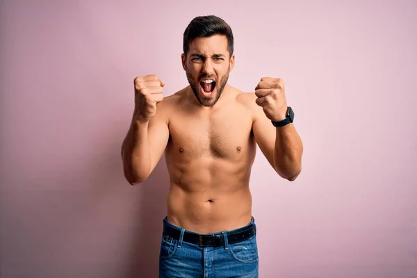 Young Handsome Strong Man Beard Shirtless Standing Isolated Pink Background — Stock Photo, Image