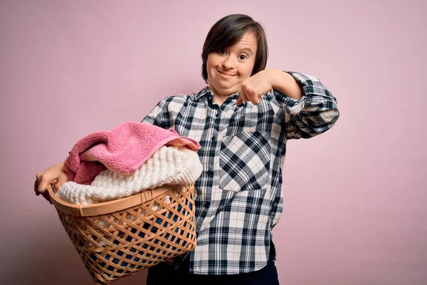 Young Syndrome Woman Doing Housework Domestic Chores Holding Laundry Wicker — Stock Photo, Image