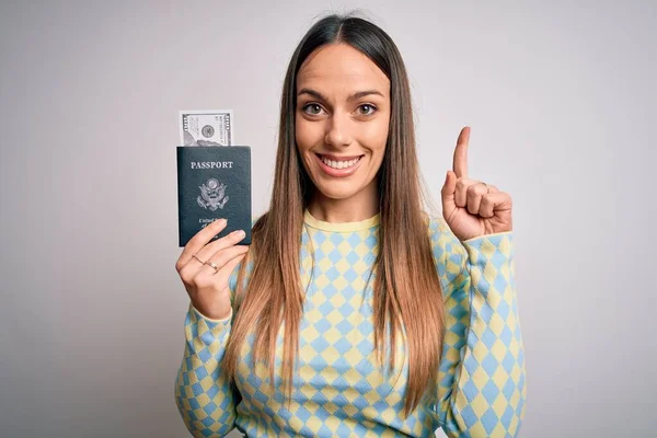 Young Blonde Tourist Woman Holding Passport Dollar Money Vacation Surprised — Stock Photo, Image