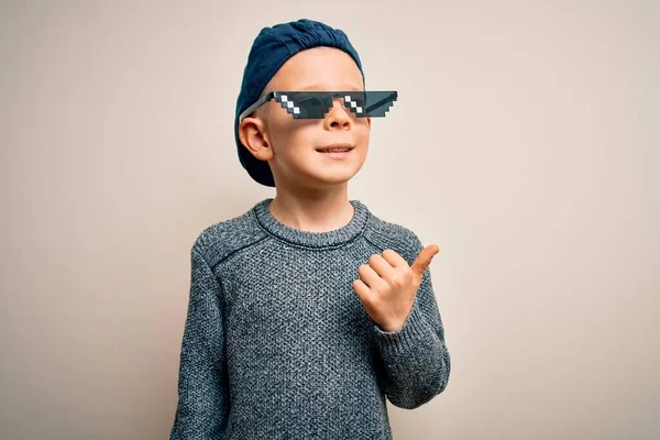 Young Little Caucasian Kid Wearing Internet Meme Thug Life Glasses — Stock Photo, Image