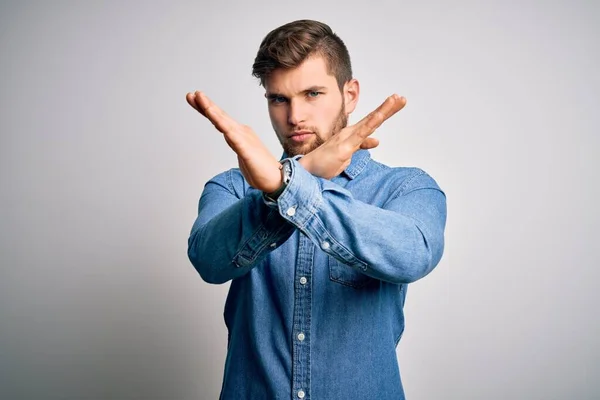 Young Handsome Blond Man Beard Blue Eyes Wearing Casual Denim — Stock Photo, Image