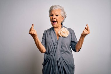 Senior beautiful grey-haired woman wearing casual dress standing over white background Showing middle finger doing fuck you bad expression, provocation and rude attitude. Screaming excited