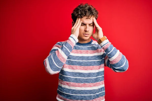 Young Blond Handsome Man Curly Hair Wearing Striped Sweater Red — Stock Photo, Image