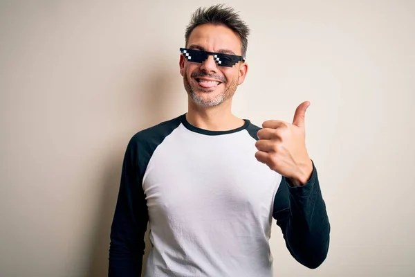 Young Handsome Man Wearing Funny Thug Life Sunglasses Meme White — Stock Photo, Image