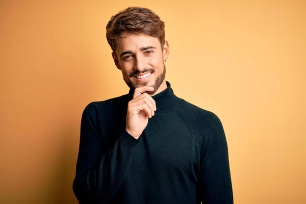 Young Handsome Man Beard Wearing Turtleneck Sweater Standing Yellow Background — Stock Photo, Image