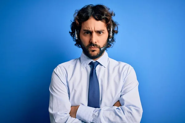 Giovane Uomo Agente Bello Call Center Con Barba Lavoro Utilizzando — Foto Stock