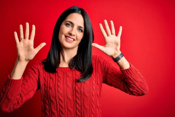 Young Brunette Woman Blue Eyes Wearing Casual Sweater Isolated Red — Stock Photo, Image