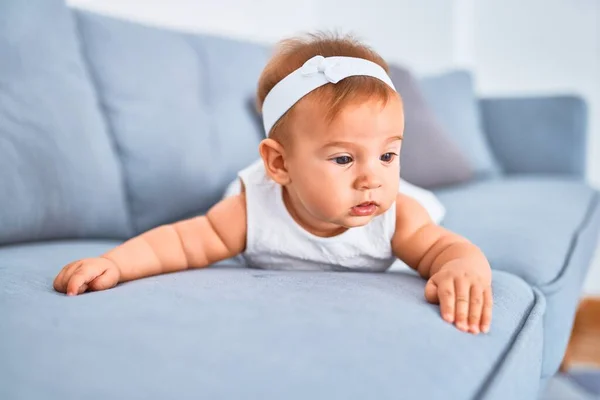 Adorable Baby Lying Sofa Home Newborn Relaxing Resting Comfortable — Stock Photo, Image