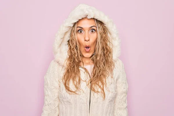 Young Beautiful Blonde Woman Wearing Casual Sweater Hood Isolated Pink Stock Picture