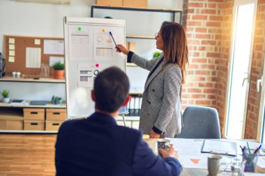 Gülümseyen mutlu ve sırları olan iki orta yaşlı iş adamı birlikte çalışırken yüzlerinde gülümsemeyle. Ofiste çalışan bir kadın pano ve çizelgeleri kullanarak sunum yapıyor.