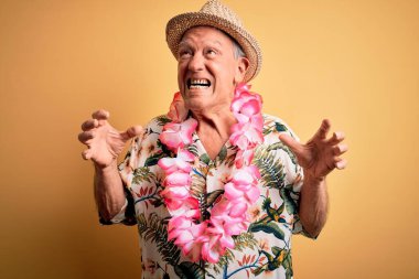 Beyaz saçlı, yaz şapkası takan ve sarı arka planda Hawaii zambağı takan çılgın ve sinirli bir şekilde bağıran saldırgan ifadeler ve kollar havada. Hayal kırıklığı konsepti.