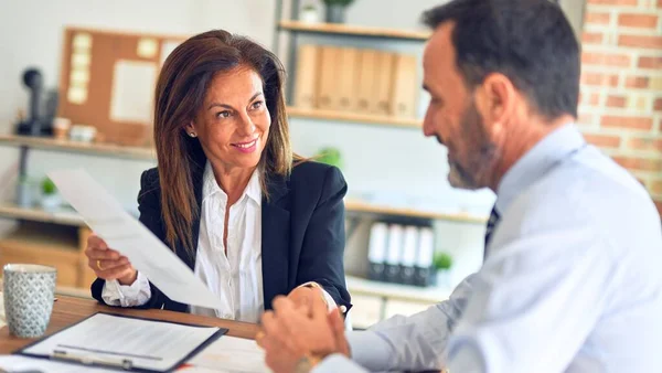 Two Middle Age Business Workers Smiling Happy Confident Working Together — 스톡 사진