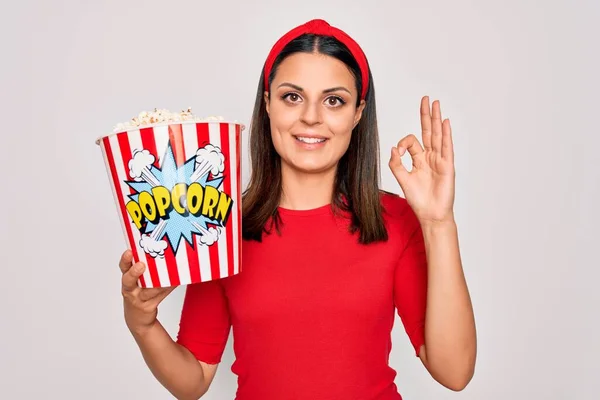 Young Beautiful Brunette Woman Eating Pack Popcorns Snack Isolated White — Stock Photo, Image