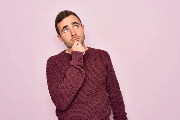 Young Handsome Man Blue Eyes Wearing Casual Sweater Standing Pink — Stock Photo, Image