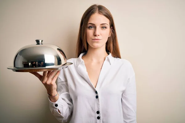 Young Beautiful Redhead Woman Holding Waitress Tray Isolated White Background — Stock Photo, Image