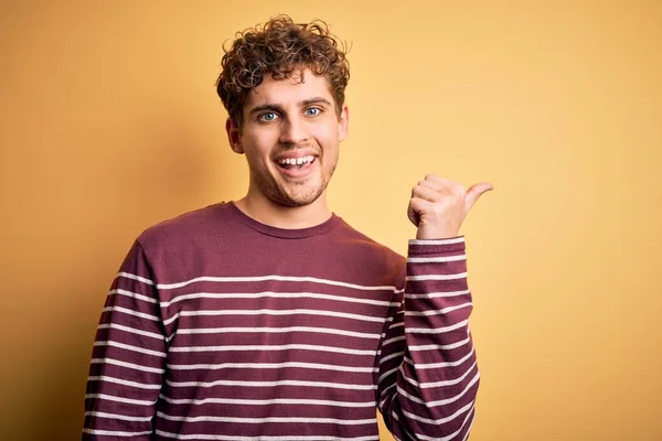 Young Blond Handsome Man Curly Hair Wearing Casual Striped Sweater — Stock Photo, Image