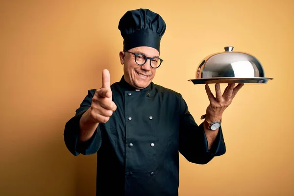 Middle Age Handsome Grey Haired Waiter Man Wearing Cooker Uniform — Stock Photo, Image