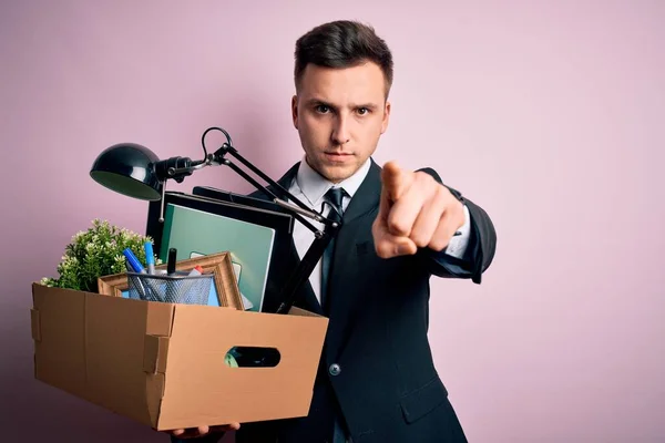 Young Handsome Caucasian Business Man Holding Cardboard Box Unemployment Fired — Stock Photo, Image