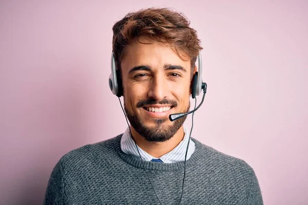 Young Call Center Agent Man Beard Wearing Headset Isolated Pink — Stock Photo, Image