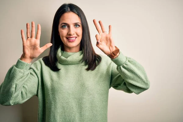 Jovem Morena Com Olhos Azuis Vestindo Camisola Gola Alta Sobre — Fotografia de Stock