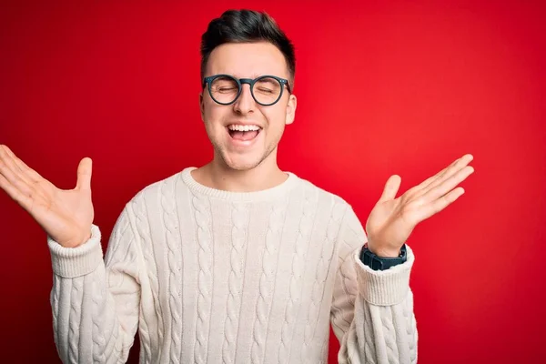 Homem Branco Bonito Jovem Vestindo Óculos Camisola Inverno Casual Sobre — Fotografia de Stock