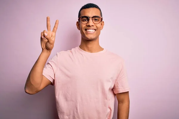 Handsome African American Man Wearing Casual Shirt Glasses Pink Background — Stock Photo, Image