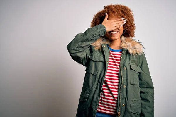 Young Beautiful African American Woman Curly Hair Wearing Green Casual — Stock Photo, Image