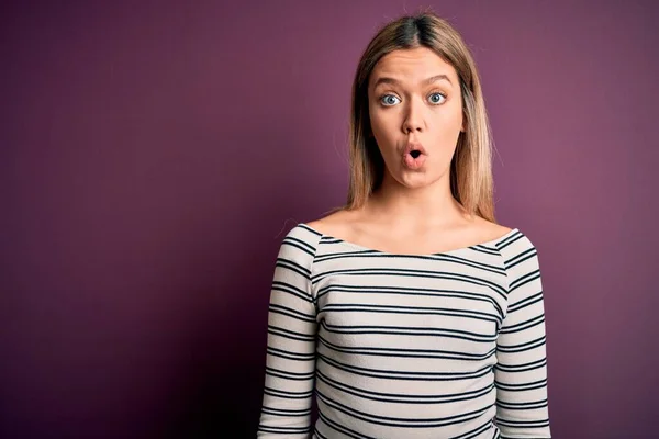 Young Beautiful Blonde Woman Wearing Casual Striped Shirt Purple Isolated — Stock Photo, Image