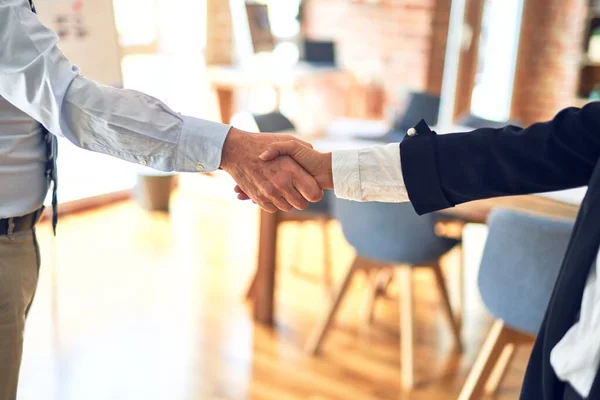 Dos Trabajadores Mediana Edad Trabajando Juntos Estrechando Mano Oficina —  Fotos de Stock