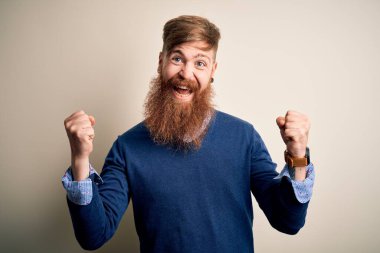 Handsome Irish redhead business man with beard standing over isolated background celebrating surprised and amazed for success with arms raised and open eyes. Winner concept.