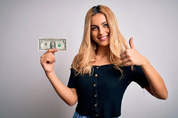 Jovem Mulher Loira Bonita Segurando Notas Dólar Sobre Fundo Branco — Fotografia de Stock