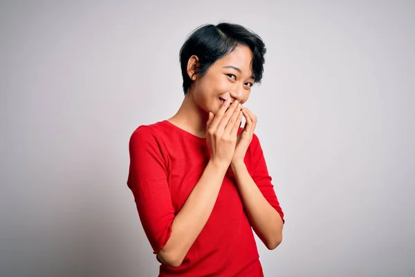 Young Beautiful Asian Girl Wearing Casual Red Shirt Standing Isolated — Stock Photo, Image